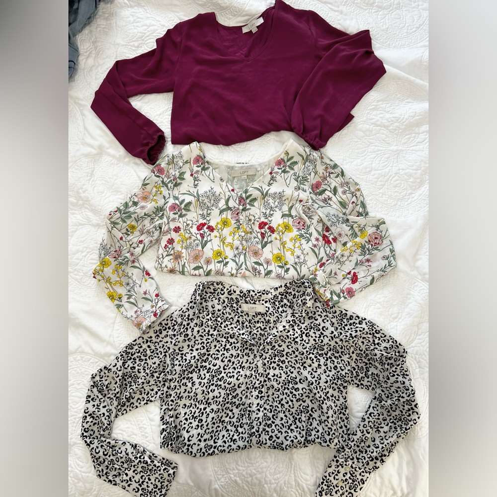 Spring Loft Blouse BUNDLE XS - Long Sleeve Leopard, Floral Burgundy Casual Cute
